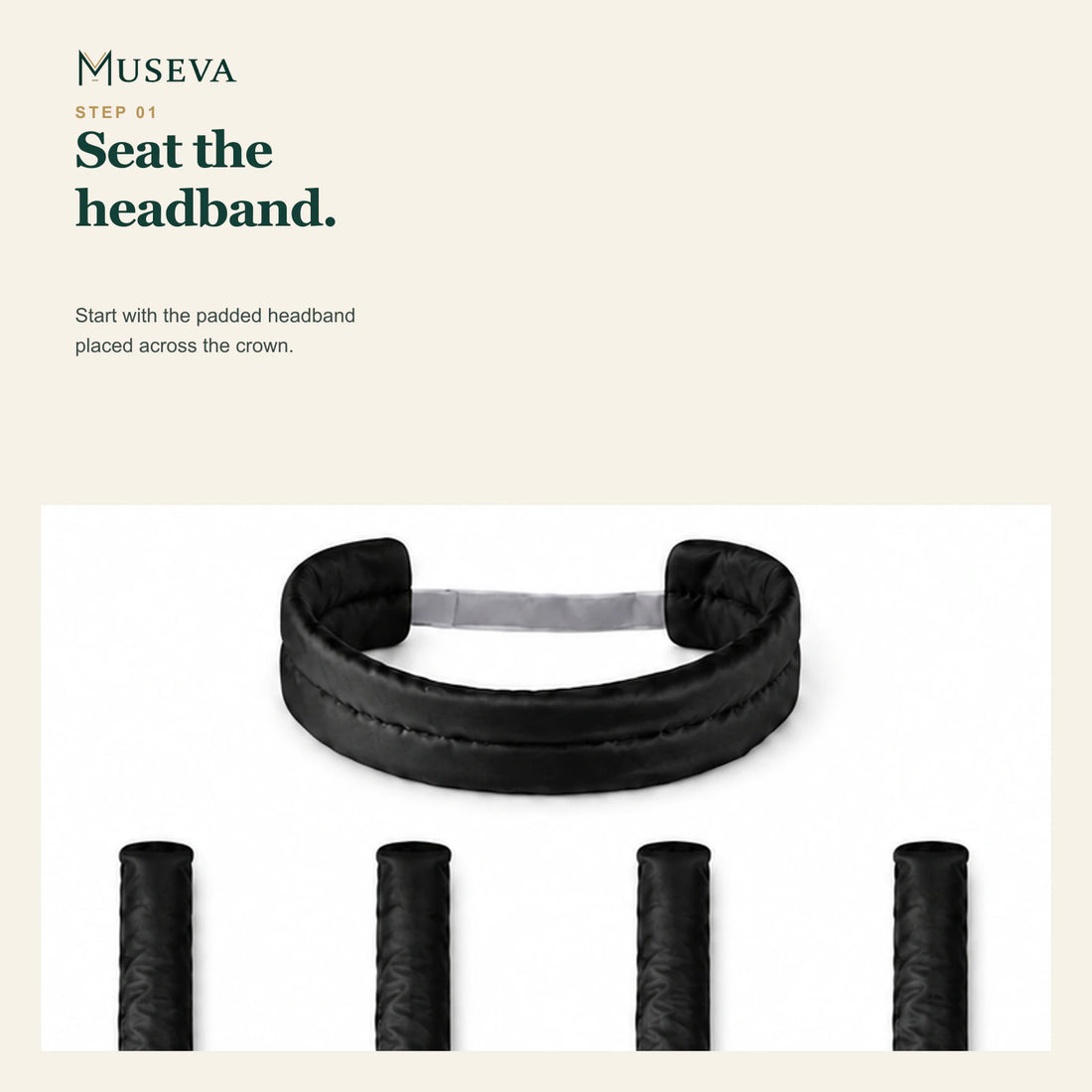 Close view of the padded headband and the upper ends of four curling arms.