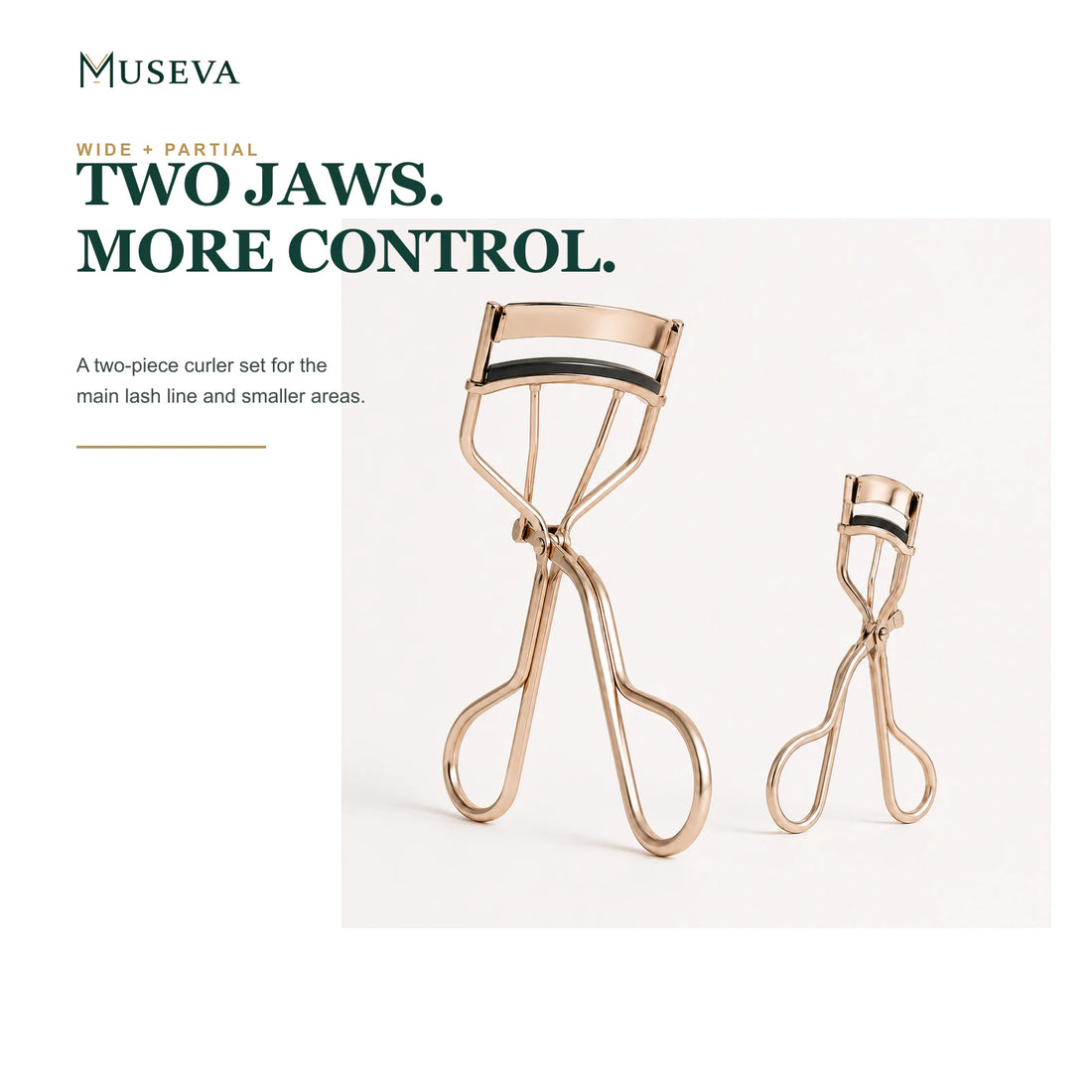 MUSEVA wide-jaw and partial-jaw eyelash curlers in champagne gold on a white background.