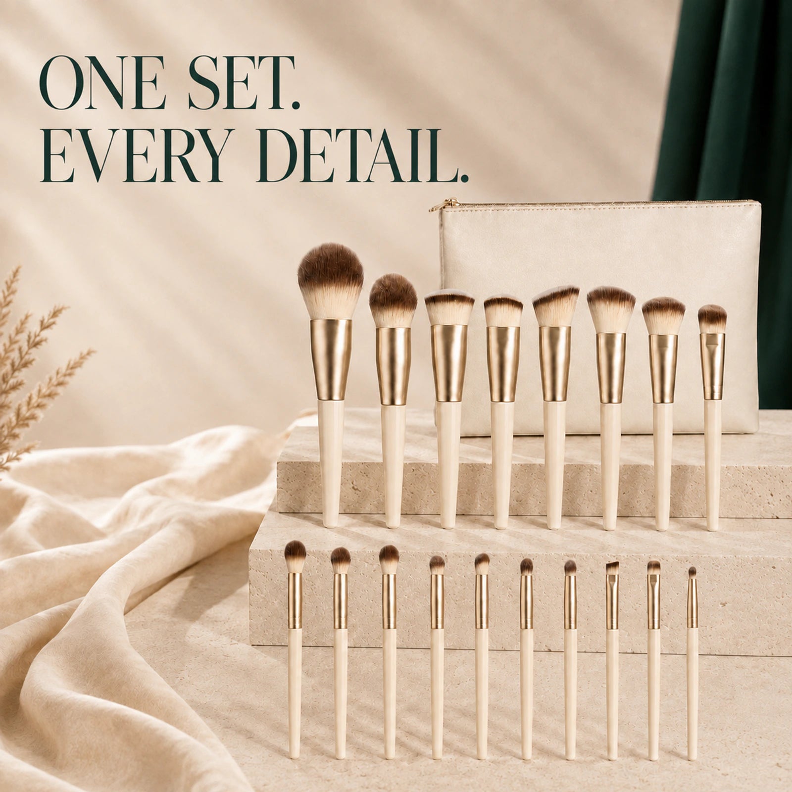 MUSEVA 18-piece champagne makeup brush set with an ivory zip pouch on a warm stone vanity.