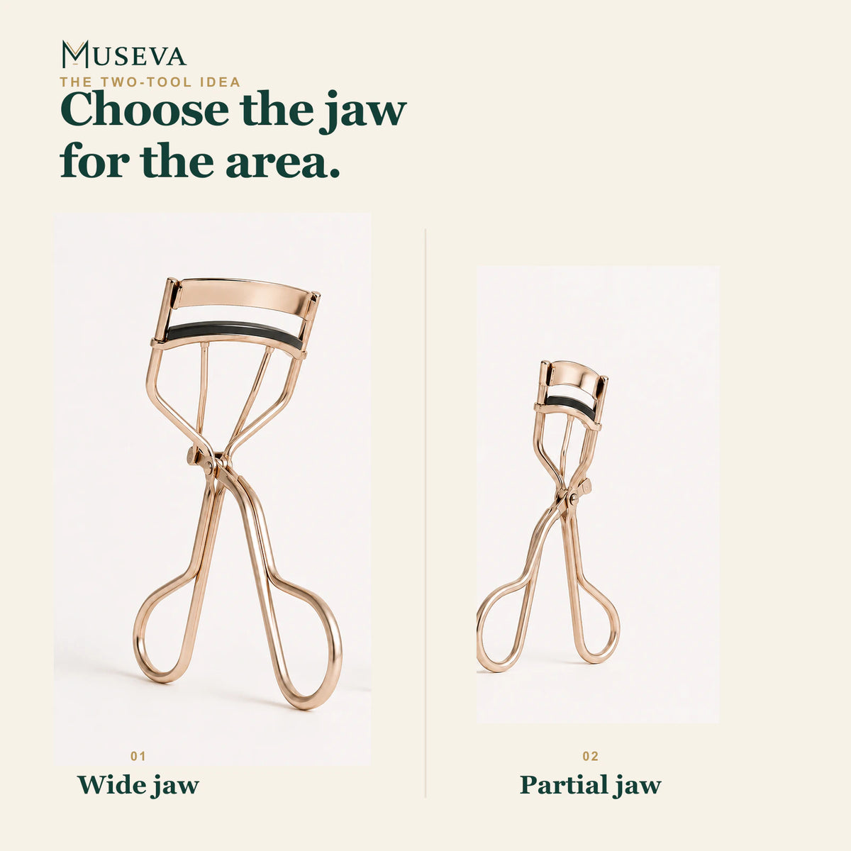 Side-by-side view of the full-width eyelash curler and smaller partial lash curler.