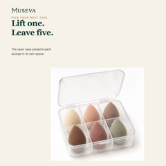 Open clear case presenting six different muted-color makeup sponges.