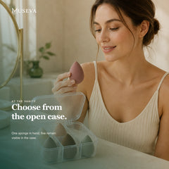 Woman lifting one blush sponge while five remain visible in the open case.