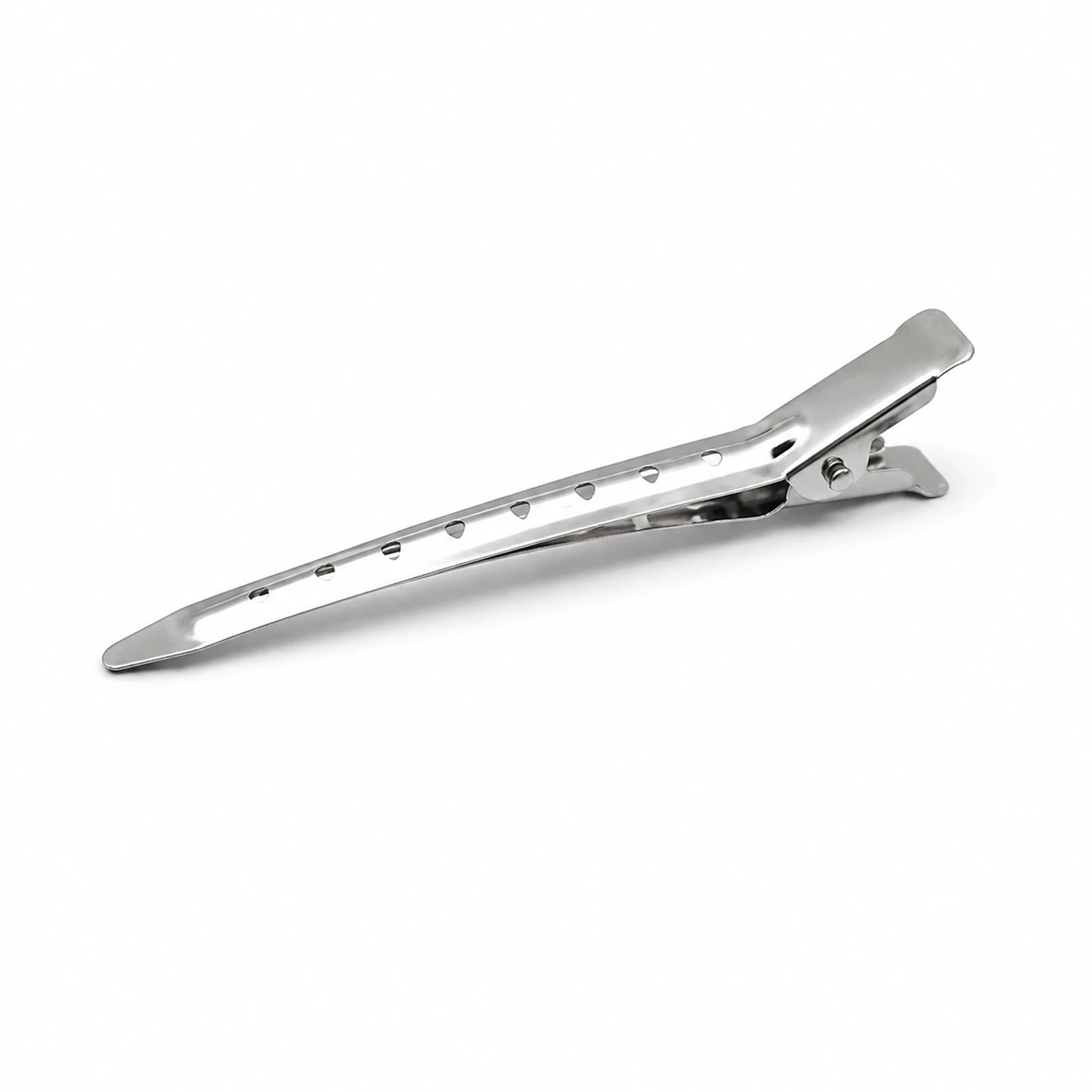 MUSEVA silver-look duckbill clip form with long slotted jaw on warm ivory.