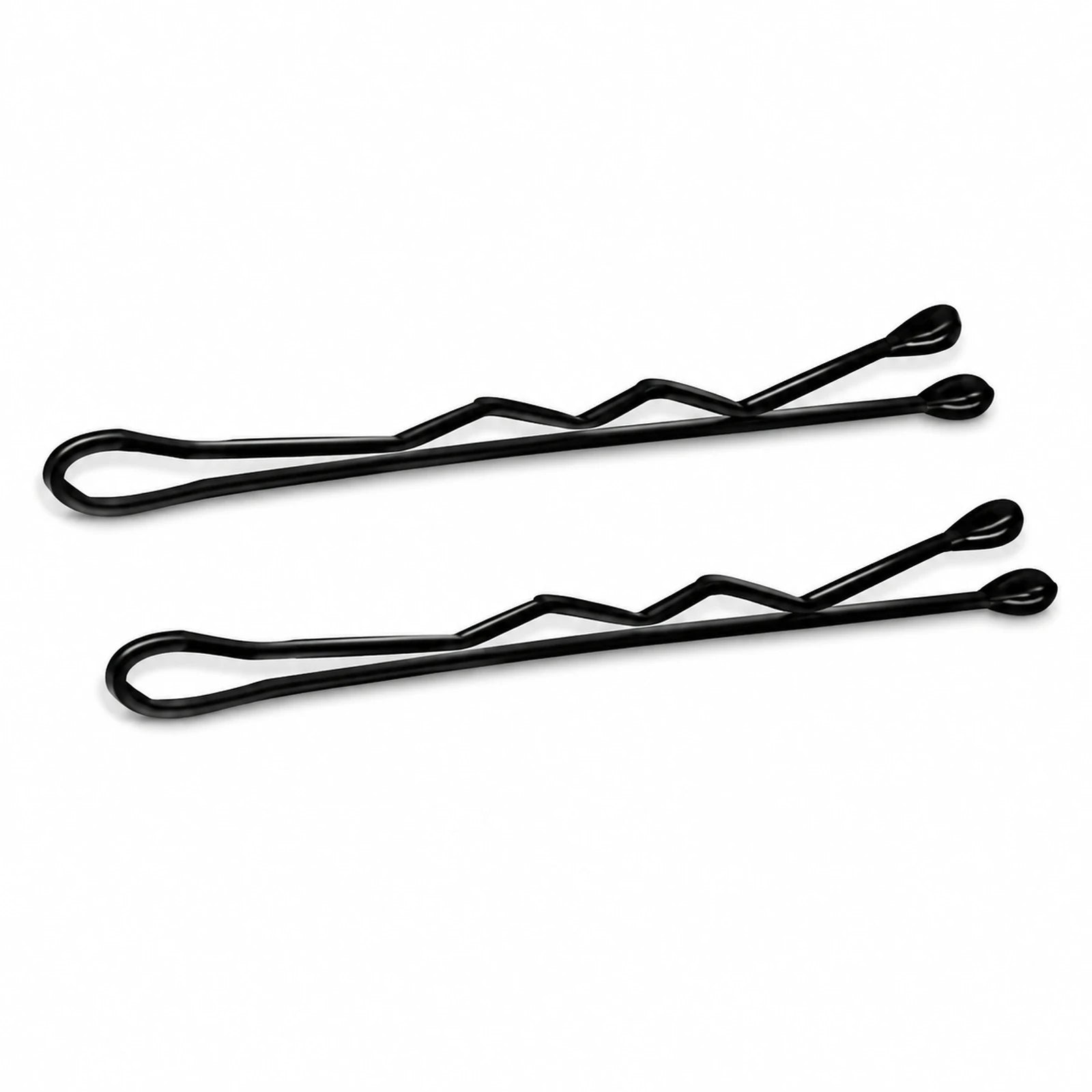 MUSEVA black bobby pin visual showing wavy and straight side profiles on warm ivory.