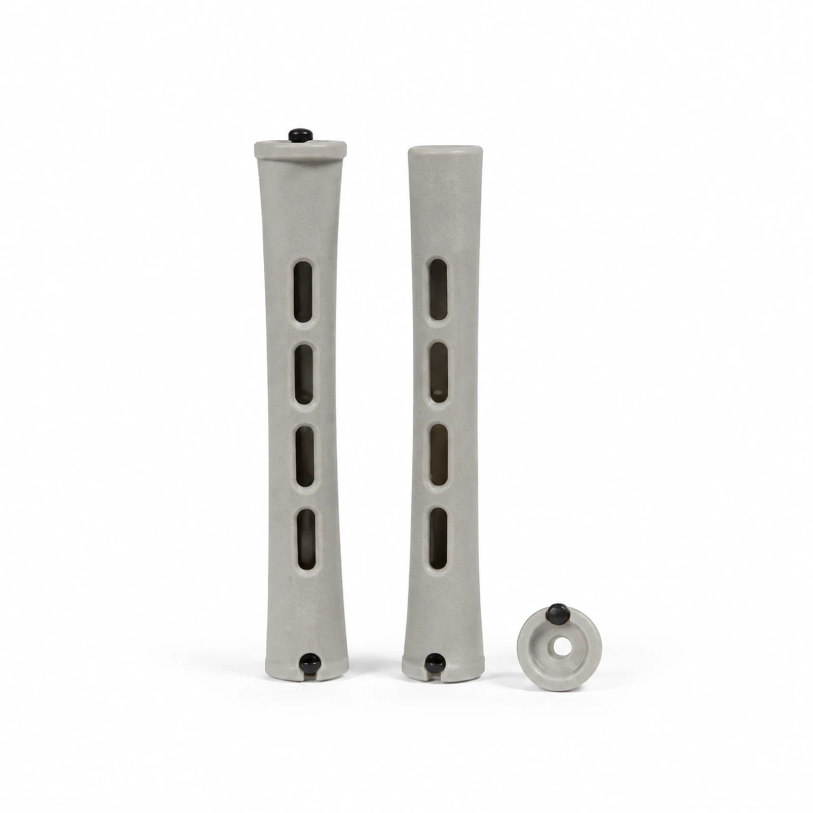 MUSEVA gray capped hair rod visual with two perforated rods and one loose cap on warm ivory.
