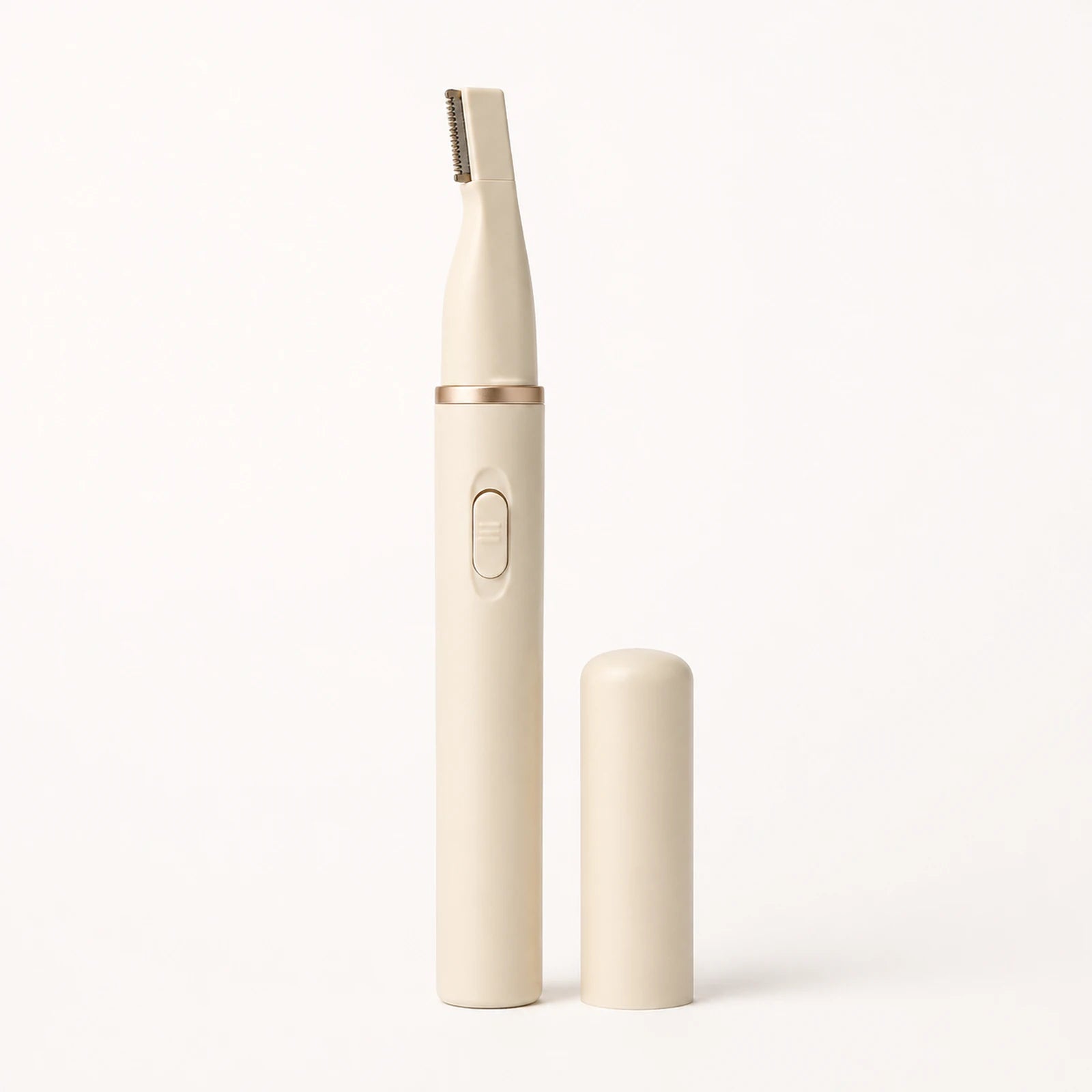 MUSEVA pen-style brow trimmer form with guarded head and cap on warm ivory.
