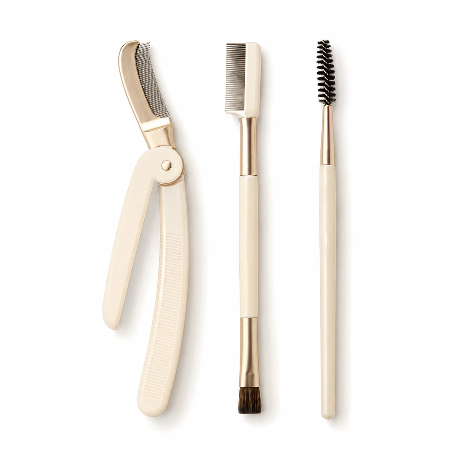Three-piece MUSEVA lash grooming set with separator comb, dual-sided comb and brush, and spoolie on white.