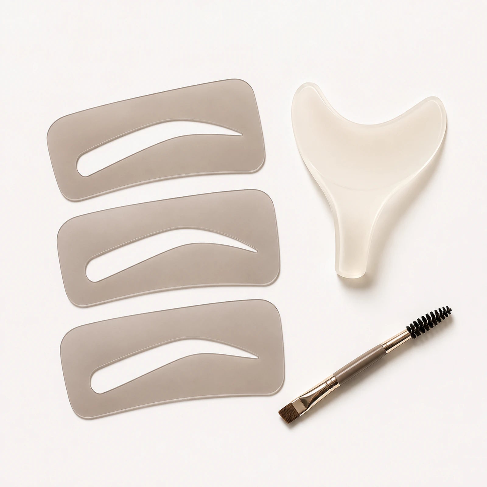 MUSEVA brow stencil and eye makeup aid visual with three stencils and two tools on warm ivory.
