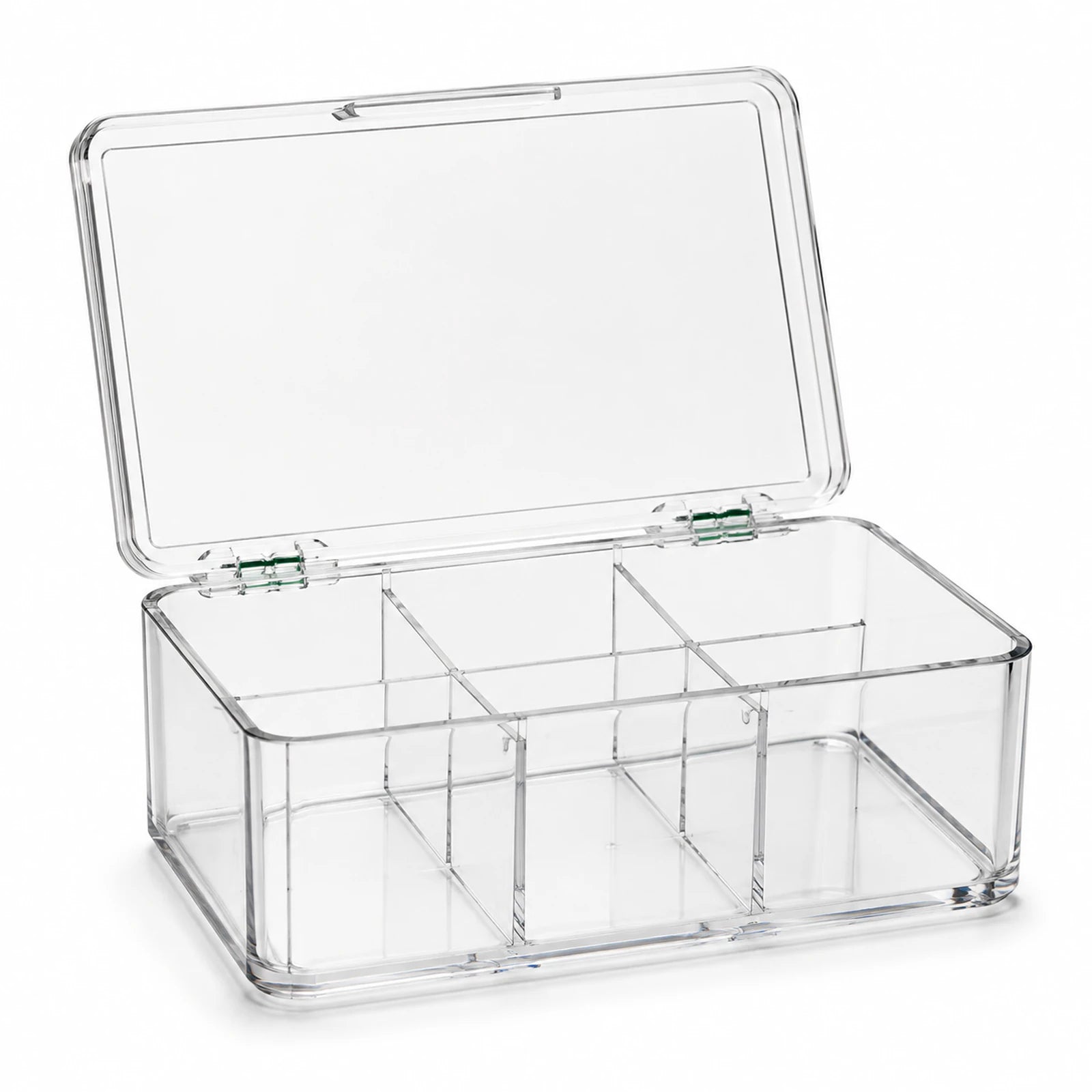 MUSEVA clear hinged storage caddy form with visible lid and dividers on warm ivory.