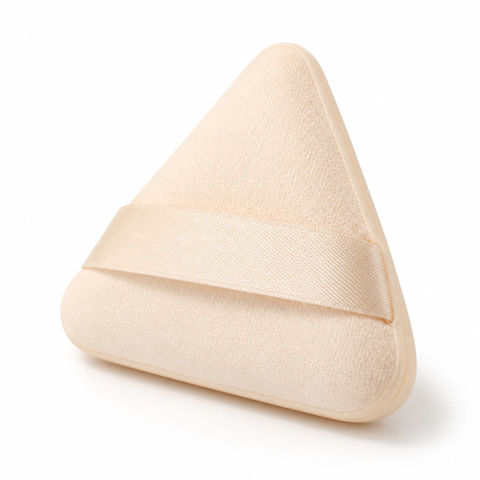 MUSEVA light neutral triangle makeup puff form with finger band on warm ivory.