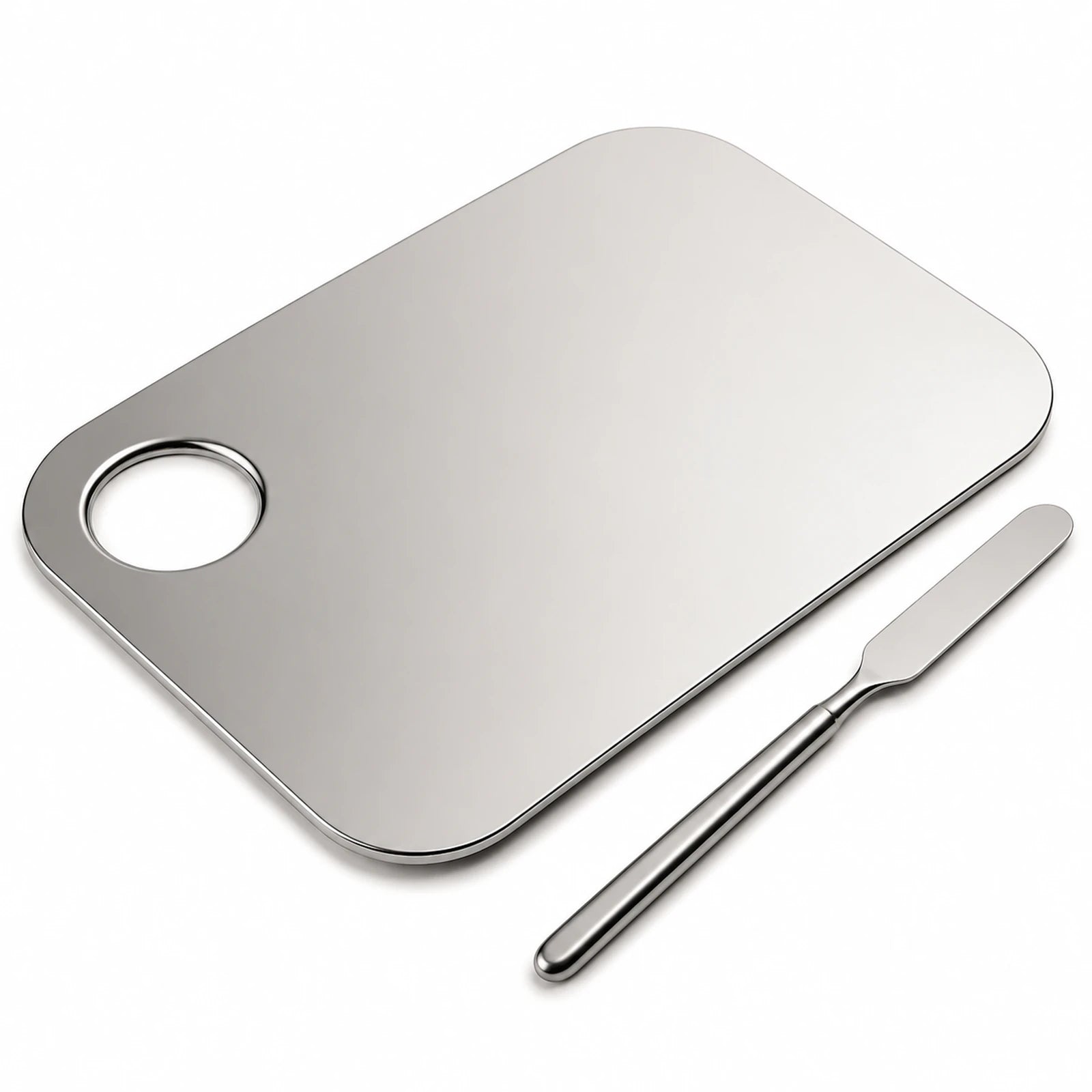 MUSEVA metal-look mixing palette and spatula on a warm ivory background.