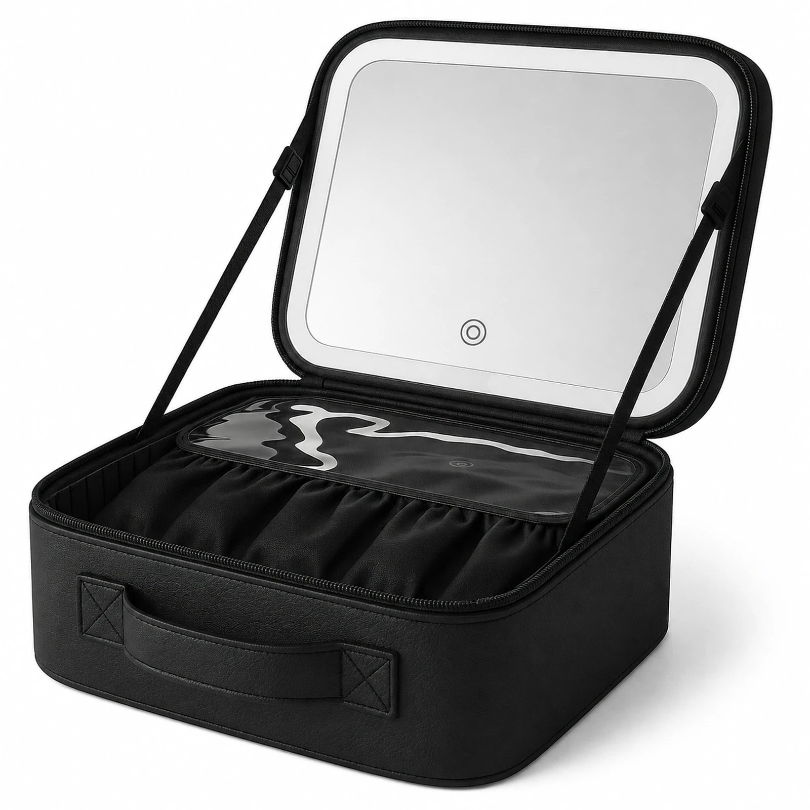 The Mirror Travel Makeup Case on warm ivory with the headline Pack, Mirror, Go.