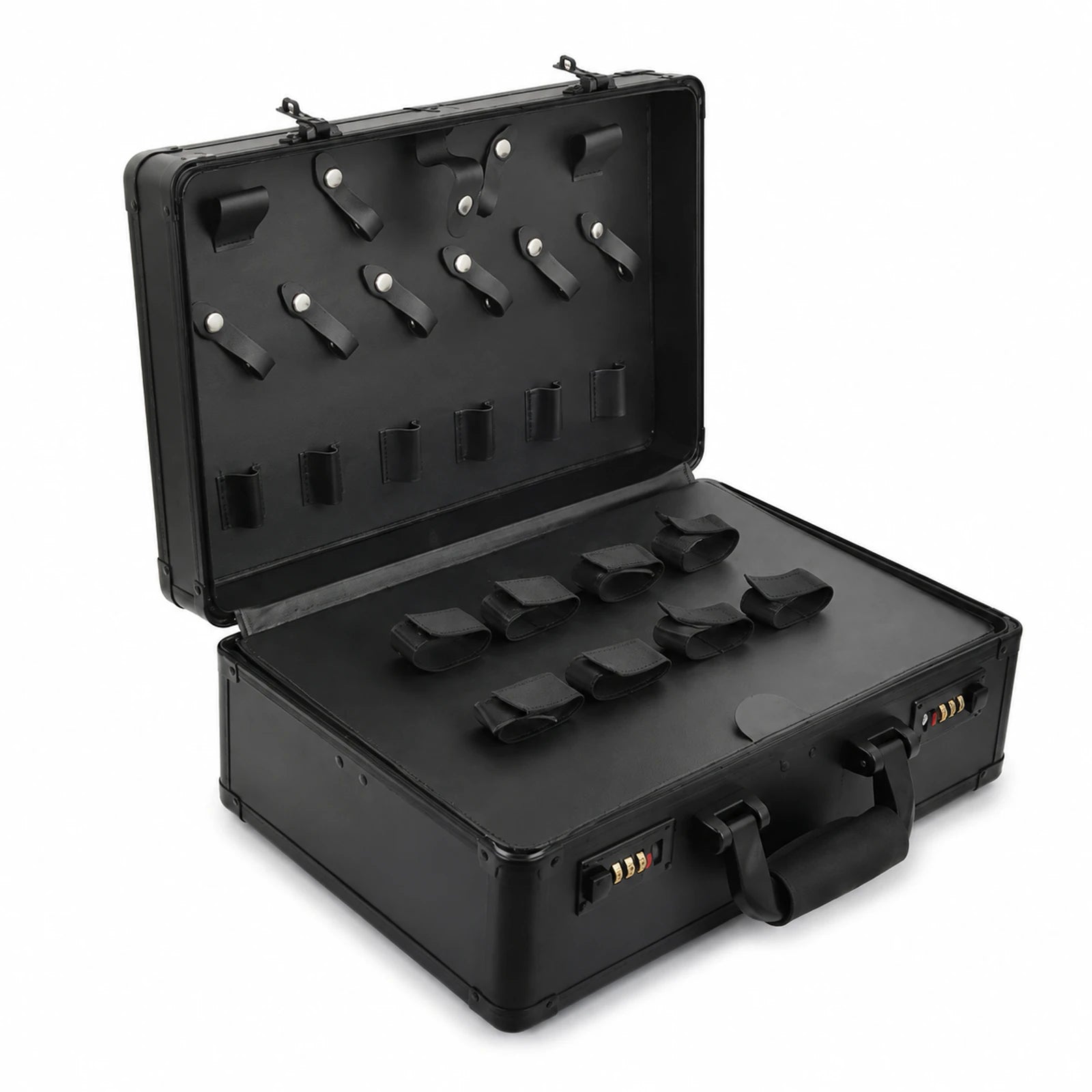 Closed black MUSEVA styling tool case with carry handle and visible front closures on white.