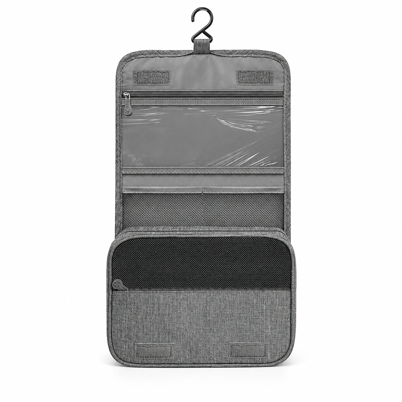 Gray MUSEVA travel organizer hanging open from one black hook on a white background.