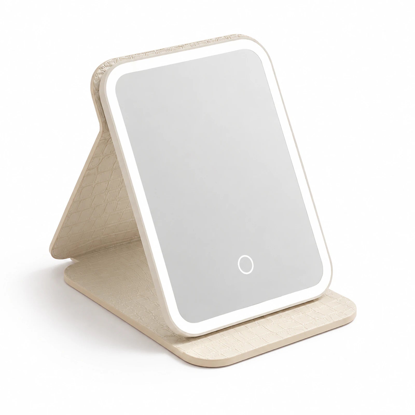 MUSEVA standing travel mirror form with rectangular face and folding support on warm ivory.