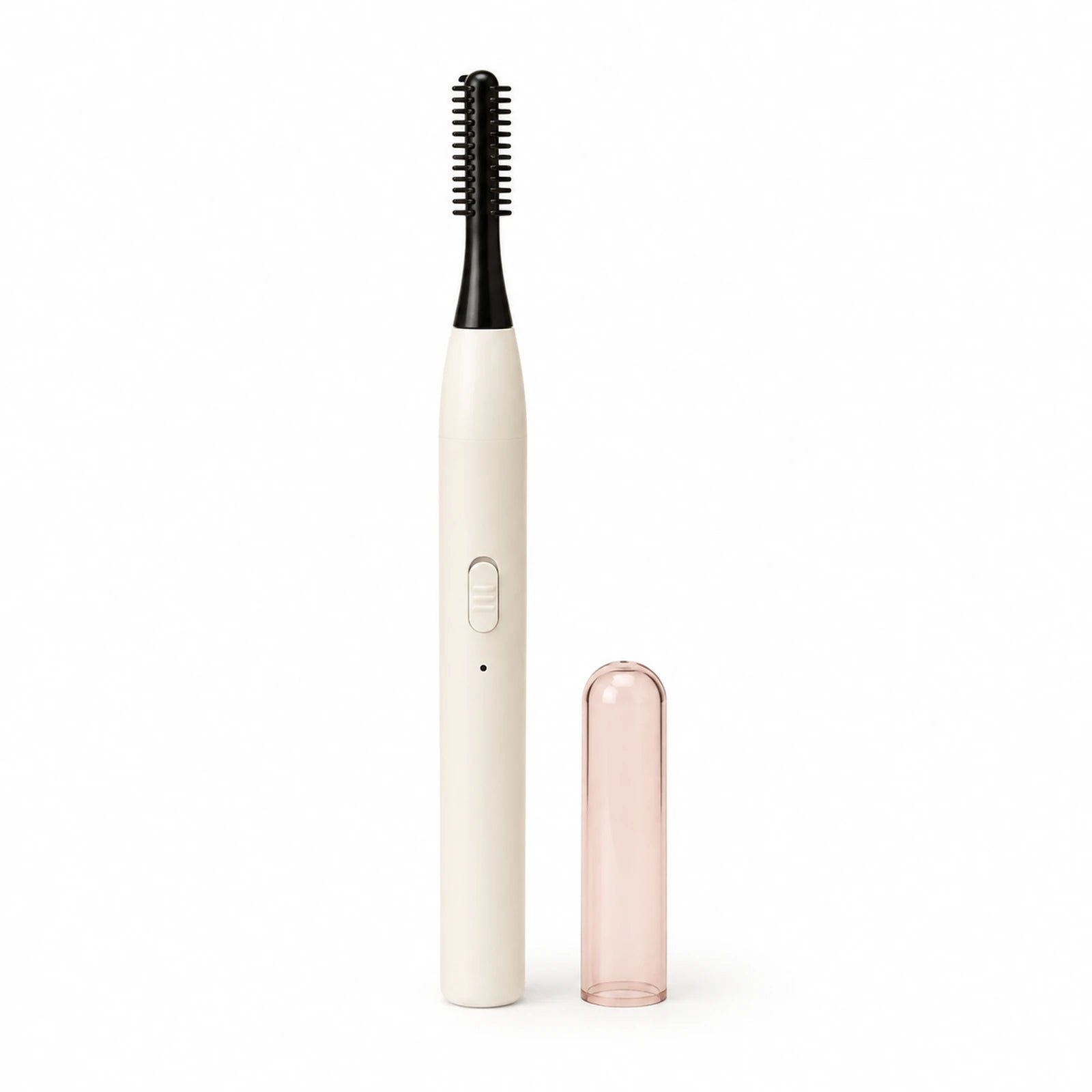 MUSEVA wand-style lash tool form with comb-like head and cap on warm ivory.